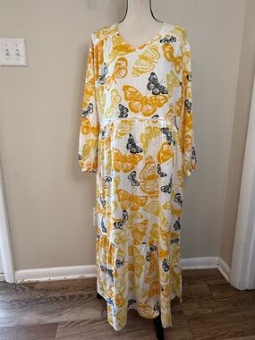 Sweet Magnolia yellow black butterfly maxi dress tiered ruffled SZ LG